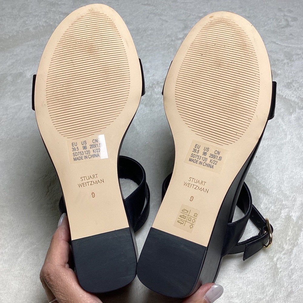 Stuart Weitzman Black Leather Wedge Sandals Ankle Strap SD753120 Women's US 9B - Picture 7 of 8